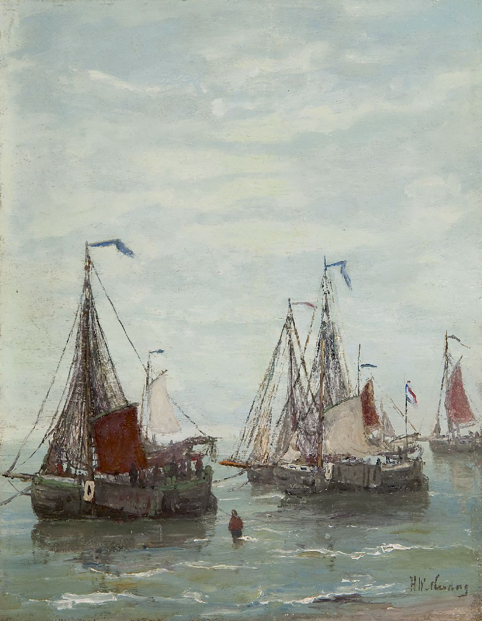 Mesdag H.W.  | Hendrik Willem Mesdag, Fishing boats anchored off the beach, oil on panel 32.2 x 25.2 cm, signed l.r. and painted ca. 1885