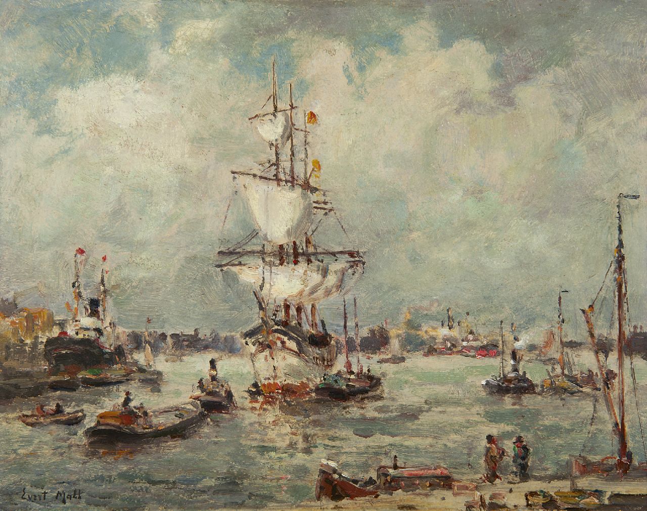 Moll E.  | Evert Moll, A three-master in the Rotterdam harbour, oil on painter's board 24.0 x 30.5 cm, signed l.l.
