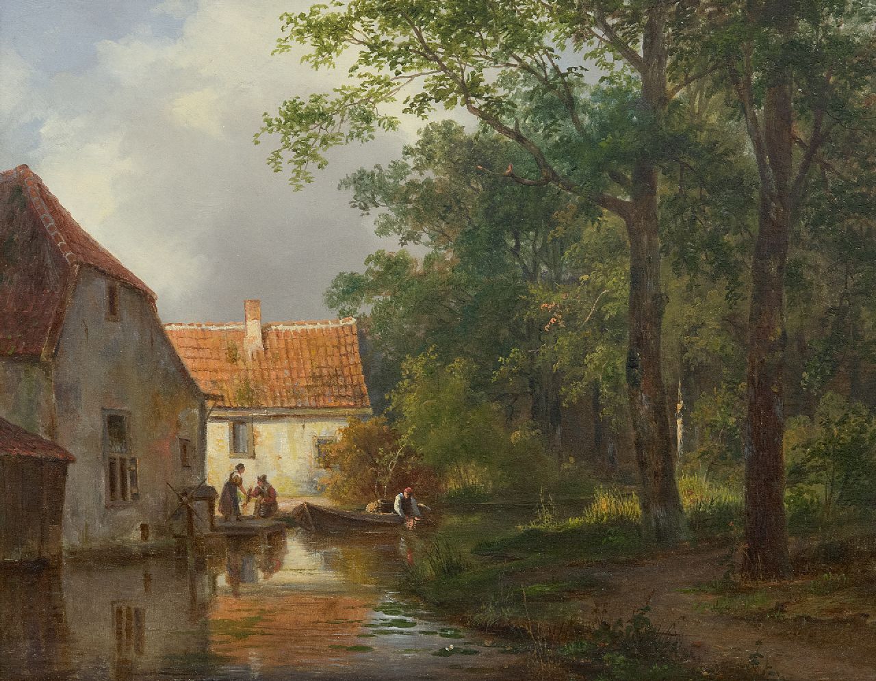 Breuhaus de Groot F.  | Frans Breuhaus de Groot | Paintings offered for sale | Selling fish along a town brook, oil on panel 24.4 x 30.6 cm, signed l.r. (vaguely)