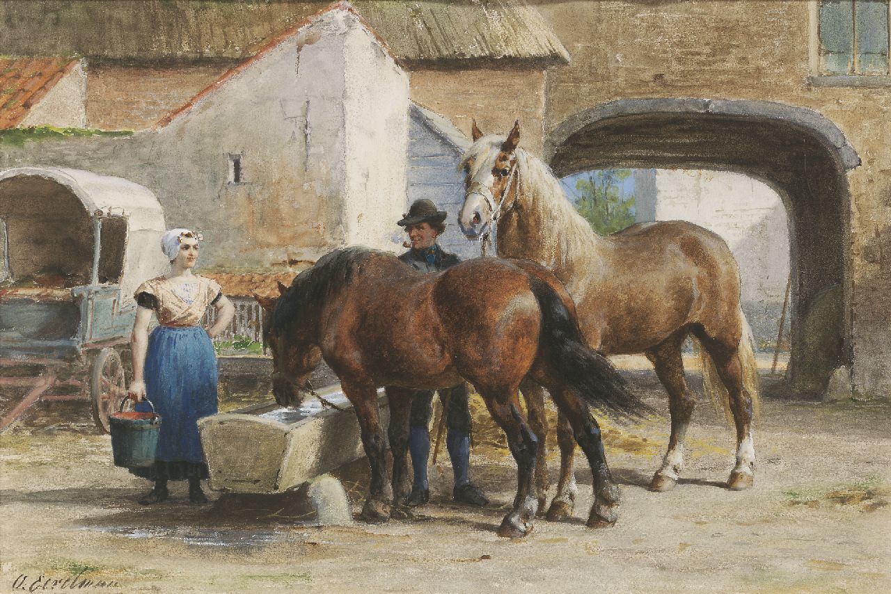 Eerelman O.  | Otto Eerelman, Tending to the horses in a courtyard, black chalk, watercolour and gouache on paper 34.7 x 51.4 cm, signed l.l.