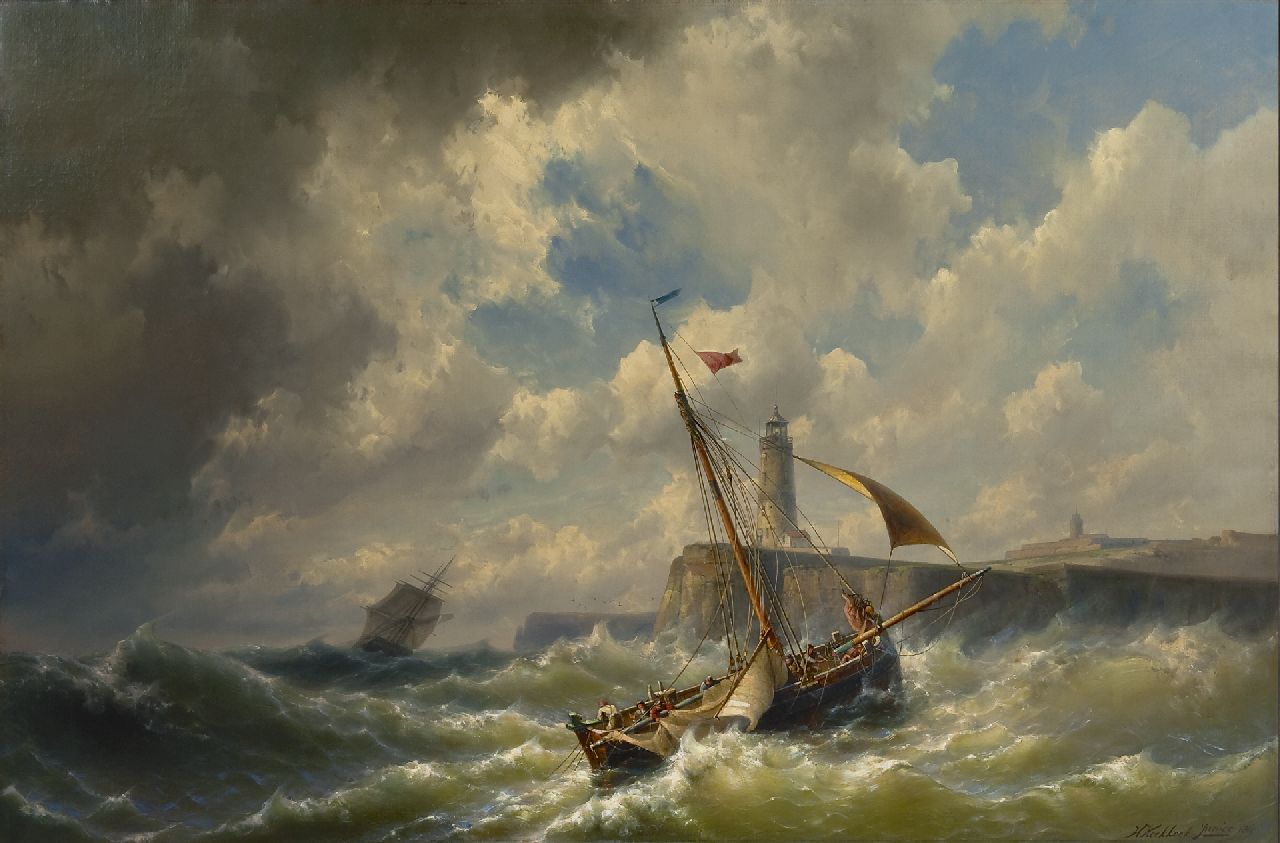 Koekkoek jr. H.  | Hermanus Koekkoek jr., Entering the harbour in a storm, oil on canvas 84.6 x 128.8 cm, signed l.r. and dated 1860