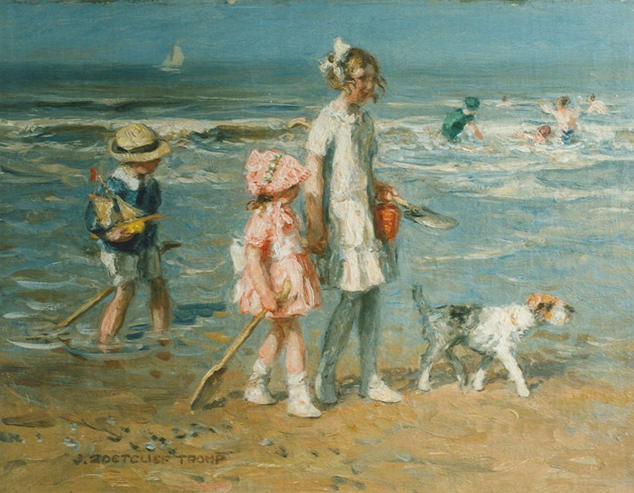 Zoetelief Tromp J.  | Johannes 'Jan' Zoetelief Tromp, Walking along the beach, oil on canvas 37.5 x 50.0 cm, signed l.l.