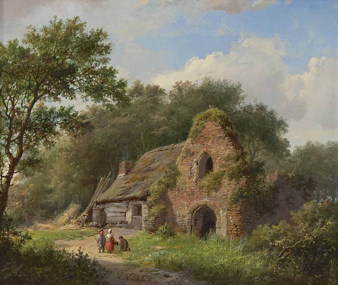 Koekkoek H.  | Hermanus Koekkoek, Land folk near a ruin, oil on panel 17.4 x 20.4 cm, signed l.c. and dated '59