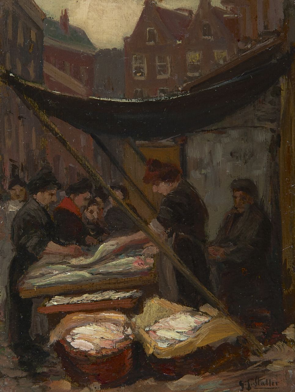 Staller G.J.  | Gerard Johan Staller, Fish seller on Uilenburg, Amsterdam, oil on canvas laid down on board 15.7 x 12.2 cm, signed l.r.