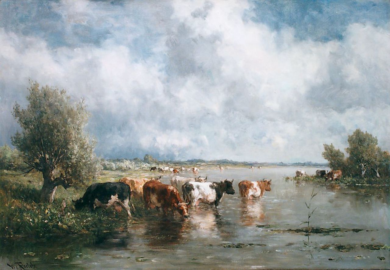 Roelofs W.  | Willem Roelofs, Cows watering, oil on canvas 70.0 x 101.0 cm, signed l.l.