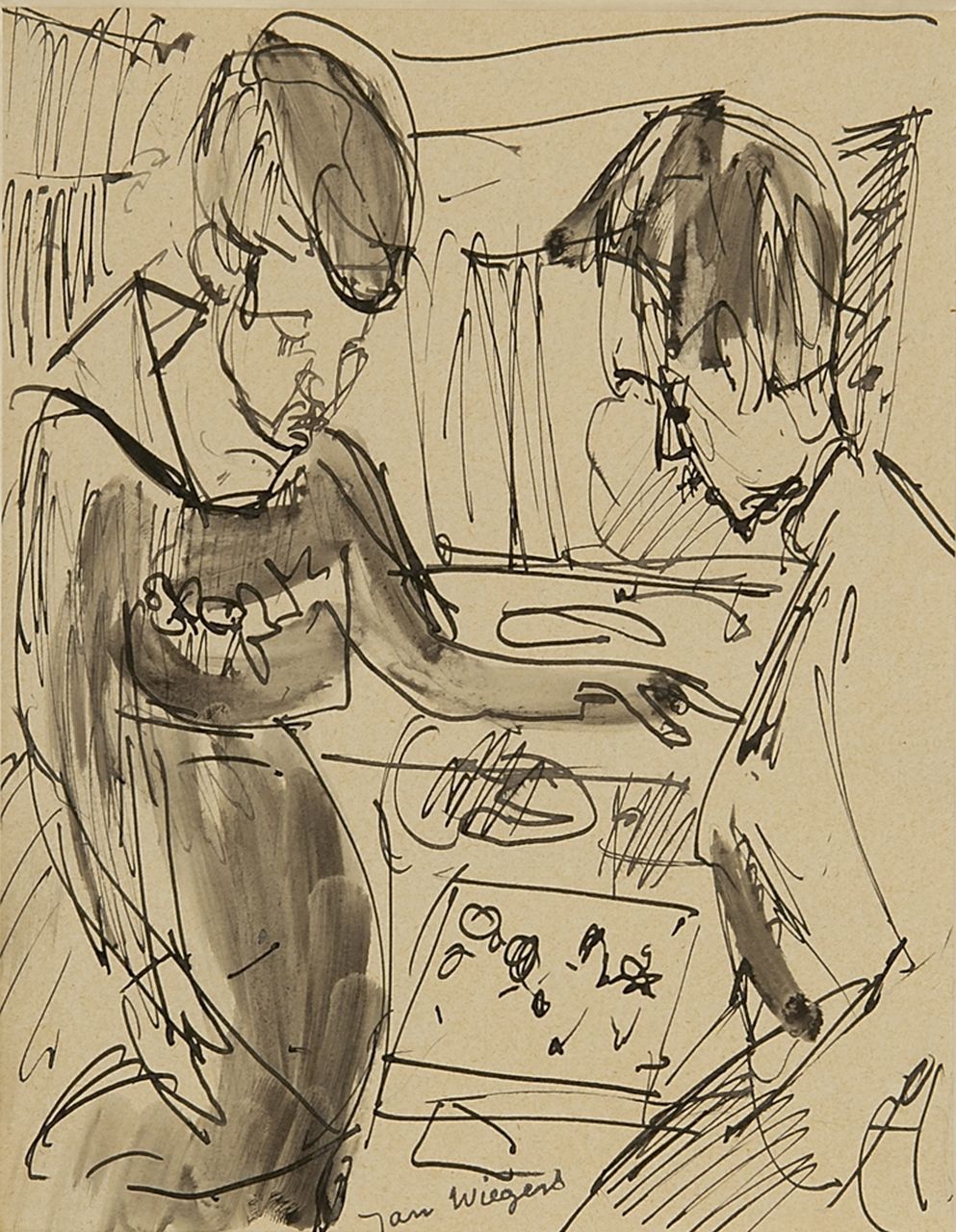 Wiegers J.  | Jan Wiegers, At the jewelry shop, pen, brush and ink on paper 21.6 x 17.5 cm, signed l.c. and on the reverse