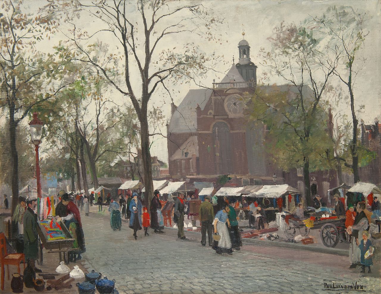 Ven P.J. van der | 'Paul' Jan van der Ven | Paintings offered for sale | Marketday on the Noordermarkt, Amsterdam, oil on canvas 84.4 x 109.8 cm, signed l.r. and on the stretcher
