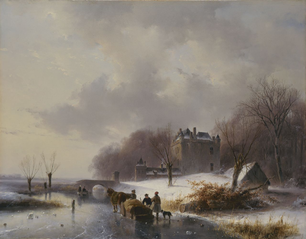 Schelfhout A.  | Andreas Schelfhout, A winter landscape with castle 'Doornenburg'  in the distance, oil on panel 41.6 x 53.9 cm, signed l.r.
