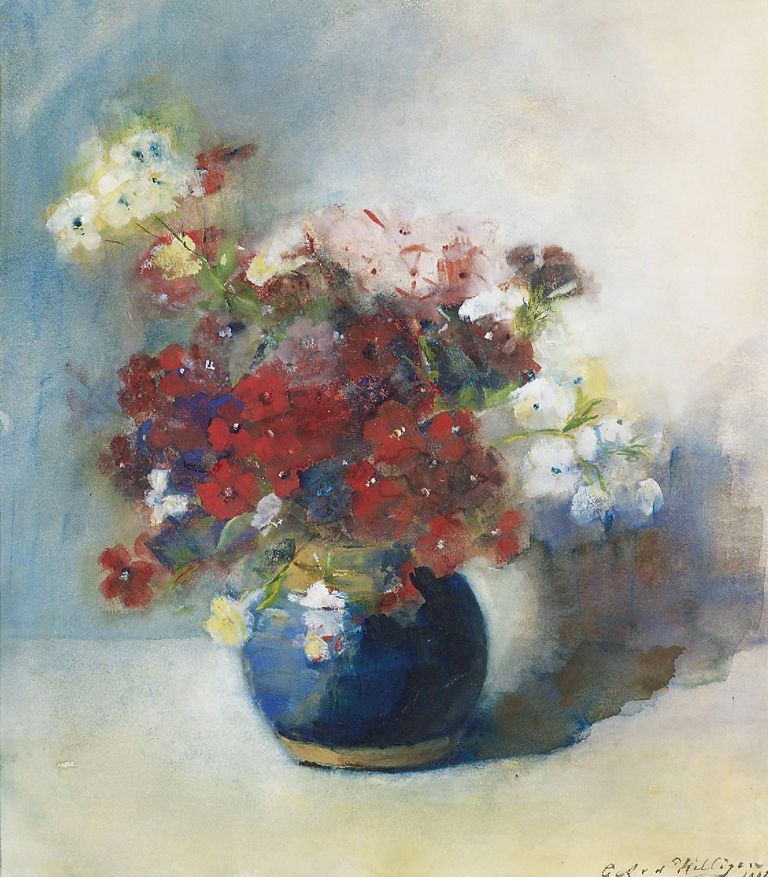Willigen C.A. van der | Christina Abigael 'Chrisje' van der Willigen, Flowers in blue vase, watercolour on paper 42.0 x 37.5 cm, signed l.r. and dated 1902