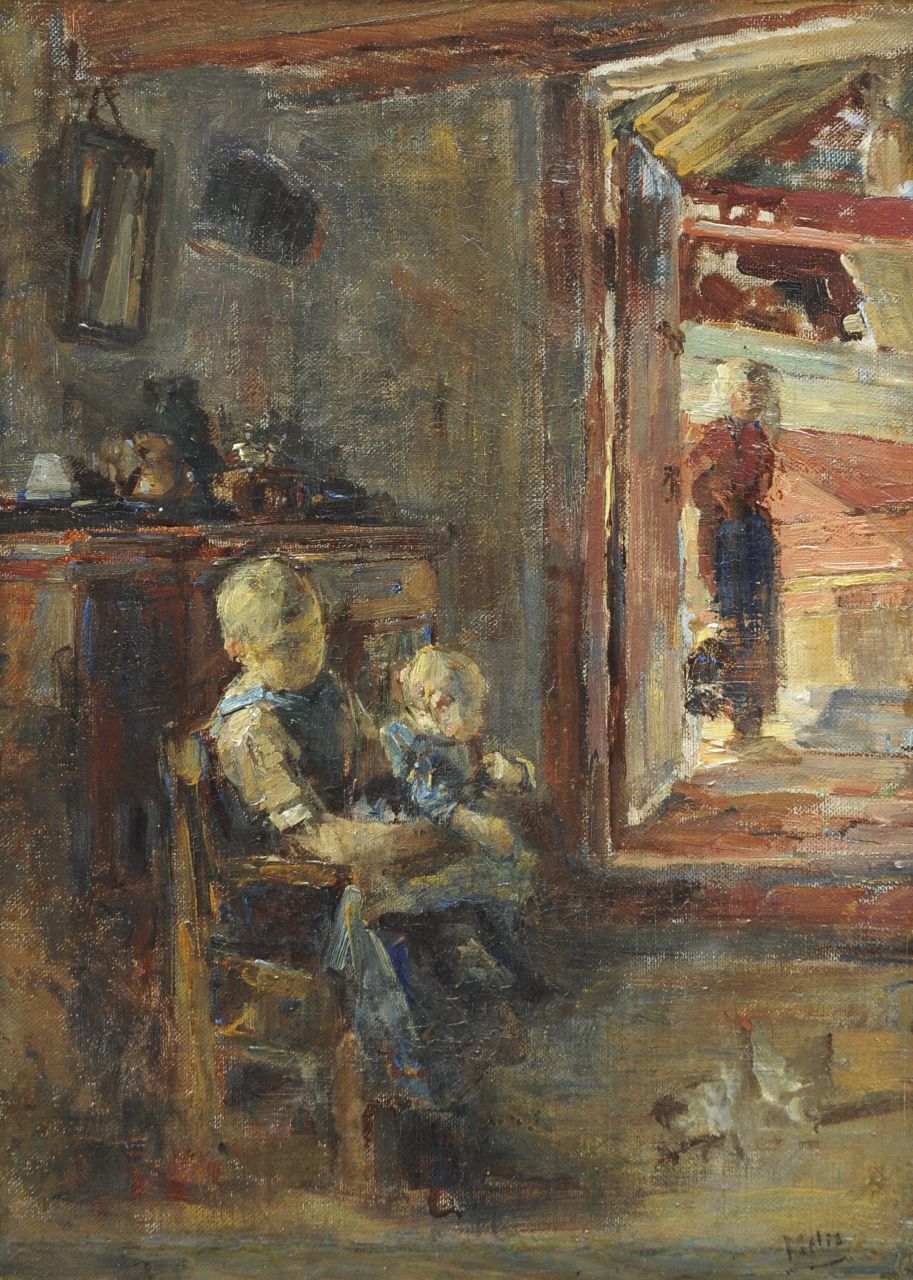 Mélis H.J.  | Henricus Joannes Mélis, Interior with woman and children, Zeeland, oil on canvas 52.5 x 37.3 cm, signed l.r.