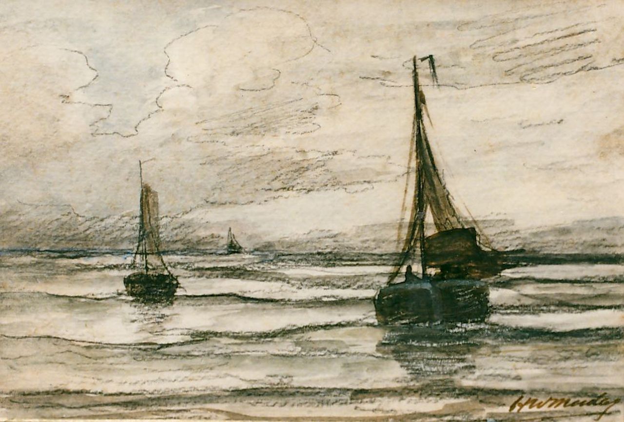 Mesdag H.W.  | Hendrik Willem Mesdag, 'Bomschuiten' in the surf, pencil and watercolour on paper 13.5 x 19.5 cm, signed l.r.