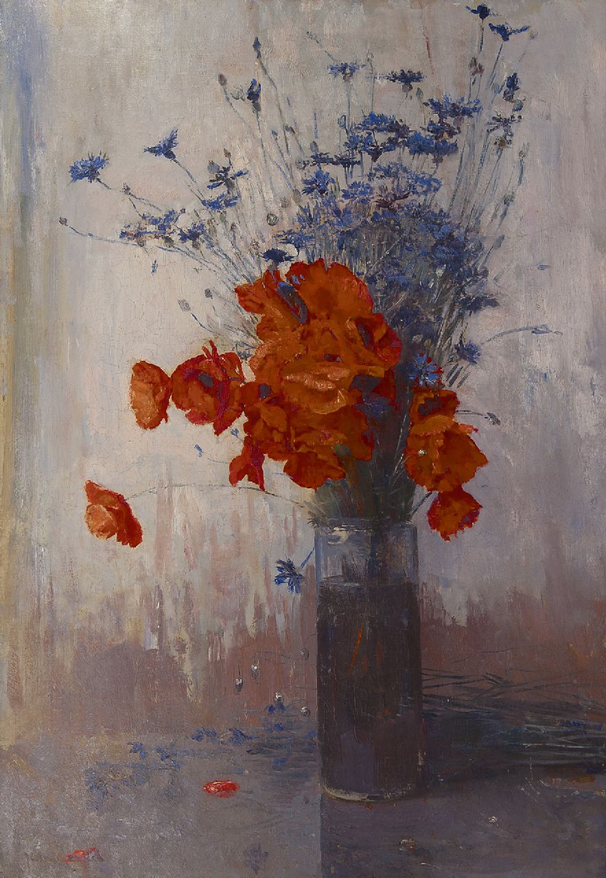 Oerder F.D.  | 'Frans' David Oerder, Poppies and cornflowers in a vase, oil on canvas 90.2 x 63.5 cm, signed l.l.