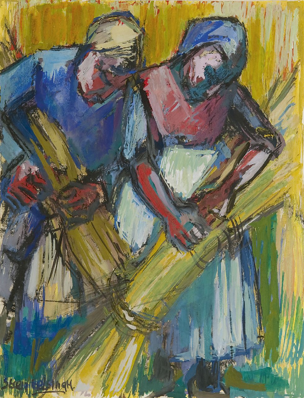 Eelsingh C.  | Christiana 'Stien' Eelsingh, Harvesting couple, gouache on paper 32.5 x 24.5 cm, signed l.l. and painted ca. 1950-1955