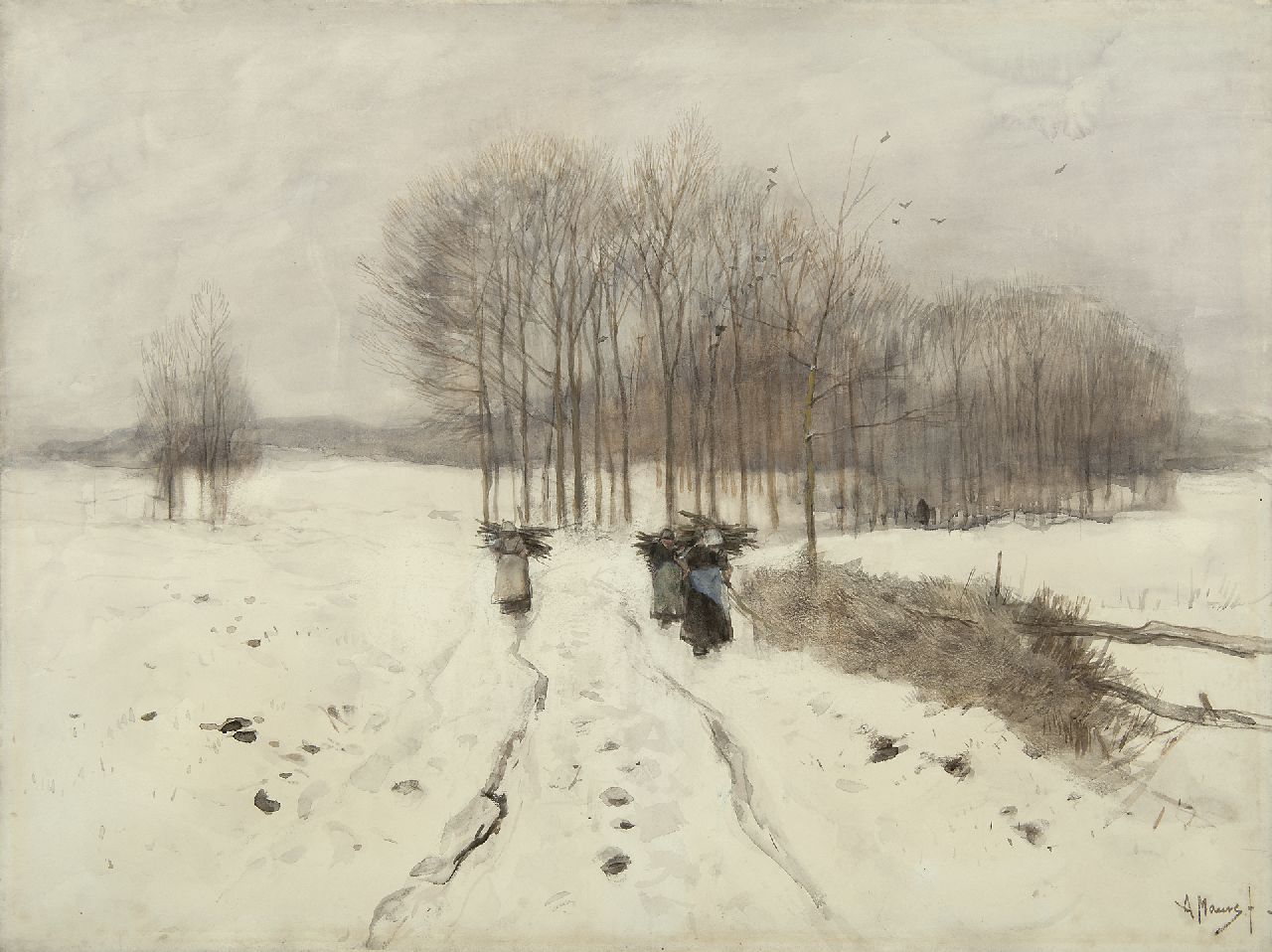 Mauve A.  | Anthonij 'Anton' Mauve, A snowy landscape near Laren, watercolour on paper 66.8 x 88.6 cm, signed l.r.