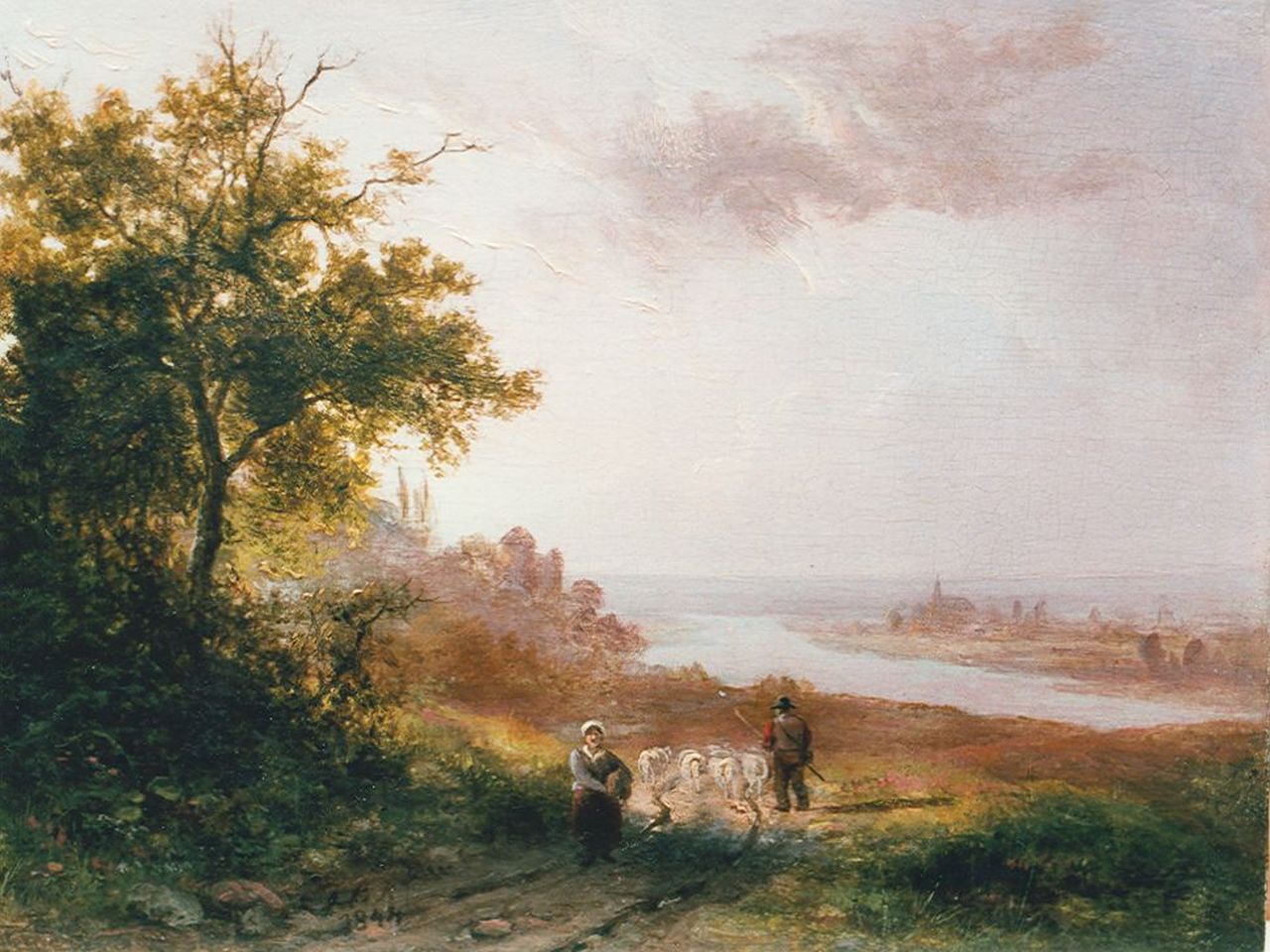 Klombeck J.B.  | Johann Bernard Klombeck, A river landscape, oil on panel 12.5 x 16.5 cm, signed with the initials J.B.K. and dated 1844