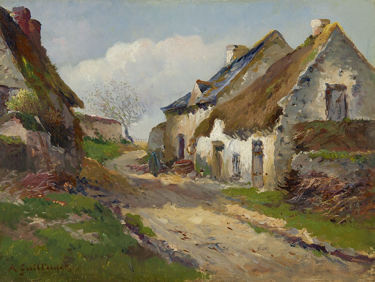 Antoine Guillemet | Farmhouses in Normandy, France, oil on canvas, 26.8 x 34.8 cm, signed l.l.