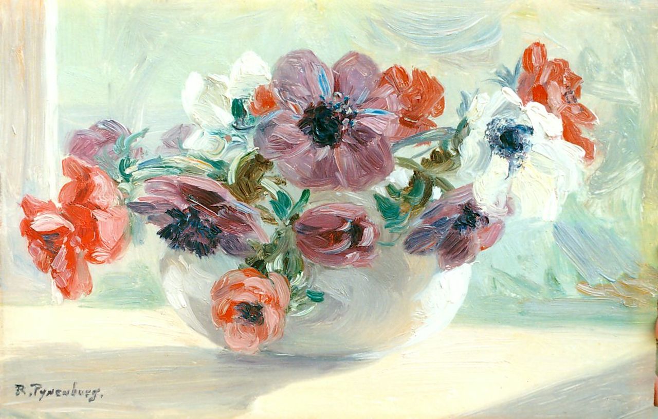 Pijnenburg R.M.  | 'Reinier' Marinus  Pijnenburg, Anemones in a glass vase, oil on panel 21.8 x 33.7 cm, signed l.l.