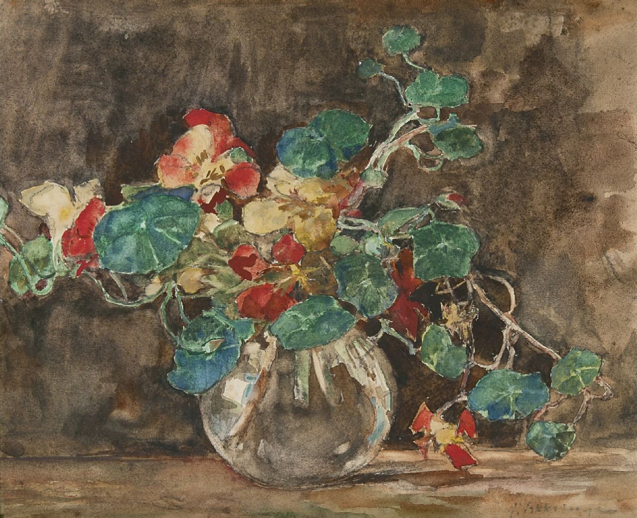 Akkeringa J.E.H.  | 'Johannes Evert' Hendrik Akkeringa, A vase with nasturtium, charcoal and watercolour on paper 29.4 x 35.3 cm, signed l.r.