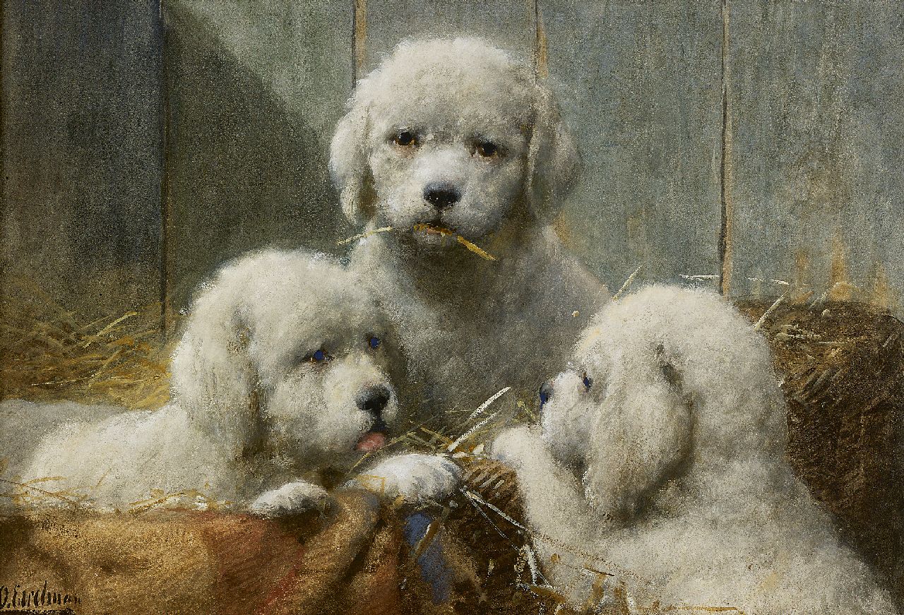 Eerelman O.  | Otto Eerelman, Three puppies in a basket, watercolour on paper 36.0 x 53.5 cm, signed l.l.