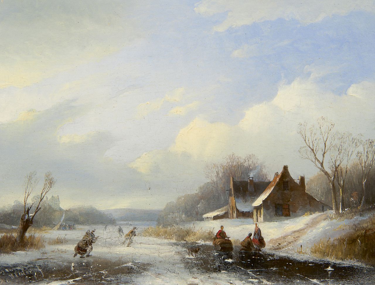 Vester W.  | Willem Vester, A winter landscape with skaters, oil on panel 21.5 x 28.3 cm, signed l.l.
