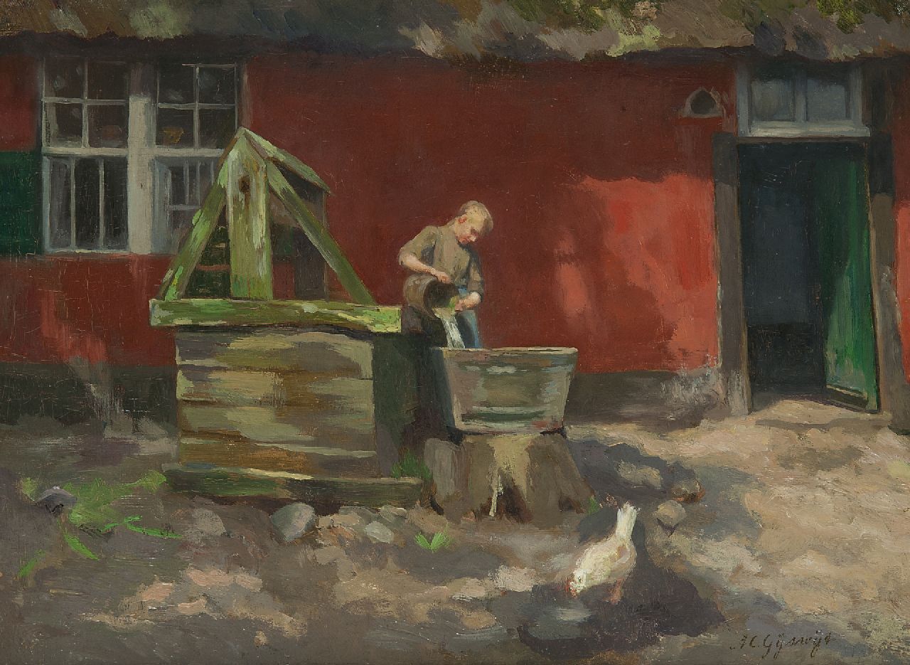 Gijswijt A.C.  | Agnieta Cornelia Gijswijt, A farm maid near the 'rode hoeve' in Genk, oil on canvas 28.3 x 38.6 cm, signed l.r.