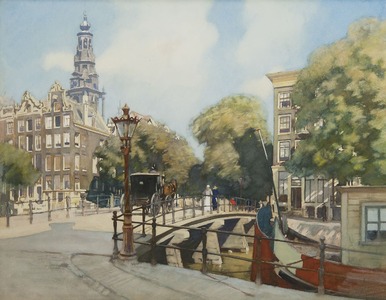 Jansen H.W.  | Hendrik Willebrord Jansen, A view of the bridge over the Kloveniersburgwal, Amsterdam, watercolour on paper 45.5 x 56.8 cm, signed l.r.