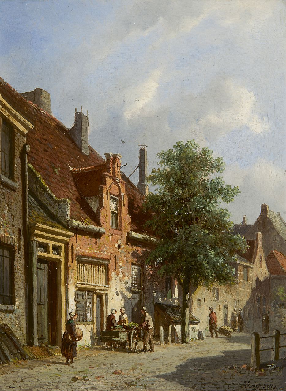 Eversen A.  | Adrianus Eversen, A view of the Breesteeg in Haarlem, oil on panel 25.0 x 18.6 cm, signed l.r.