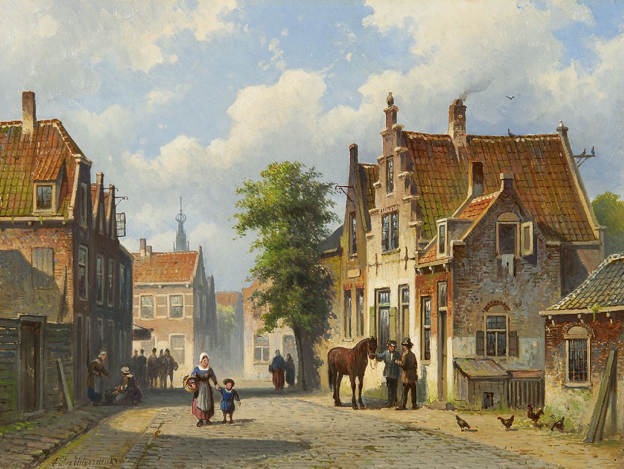 Hilverdink E.A.  | Eduard Alexander Hilverdink, A sunlit street with the Bakenesserkerk in Haarlem, oil on panel 26.4 x 34.8 cm, signed l.l.