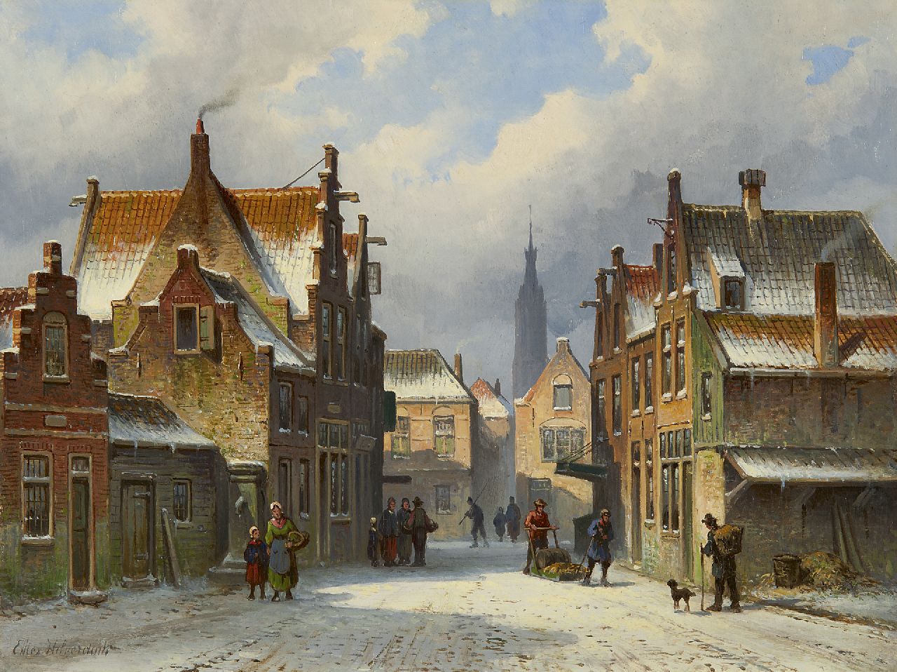 Hilverdink E.A.  | Eduard Alexander Hilverdink, A town's view in winter with the Nieuwe Kerk of Delft, oil on panel 26.4 x 35.0 cm, signed l.l.