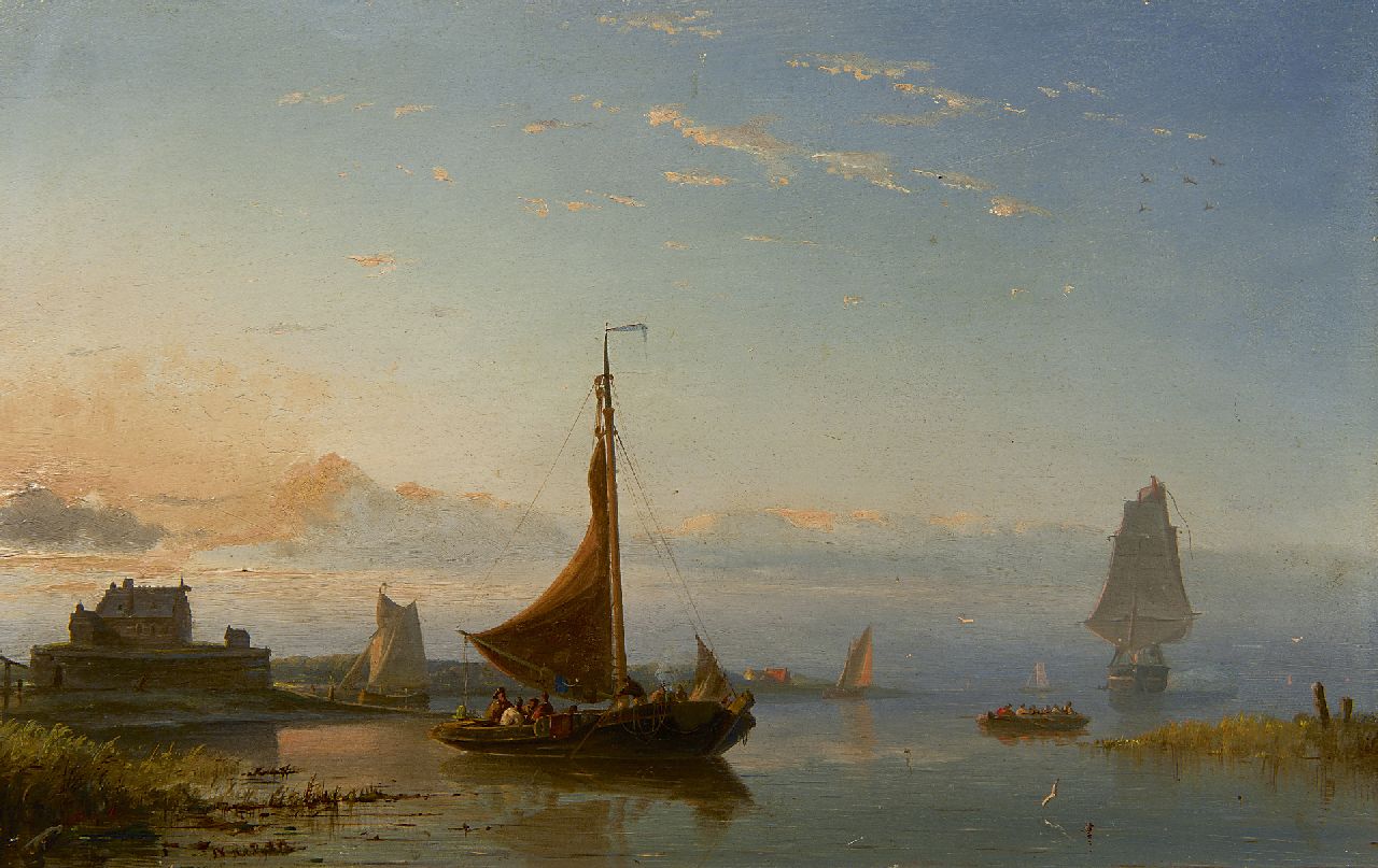 Riegen N.  | Nicolaas Riegen, Ships on the Zuiderzee at sunset, oil on panel 22.5 x 35.6 cm, signed l.l.