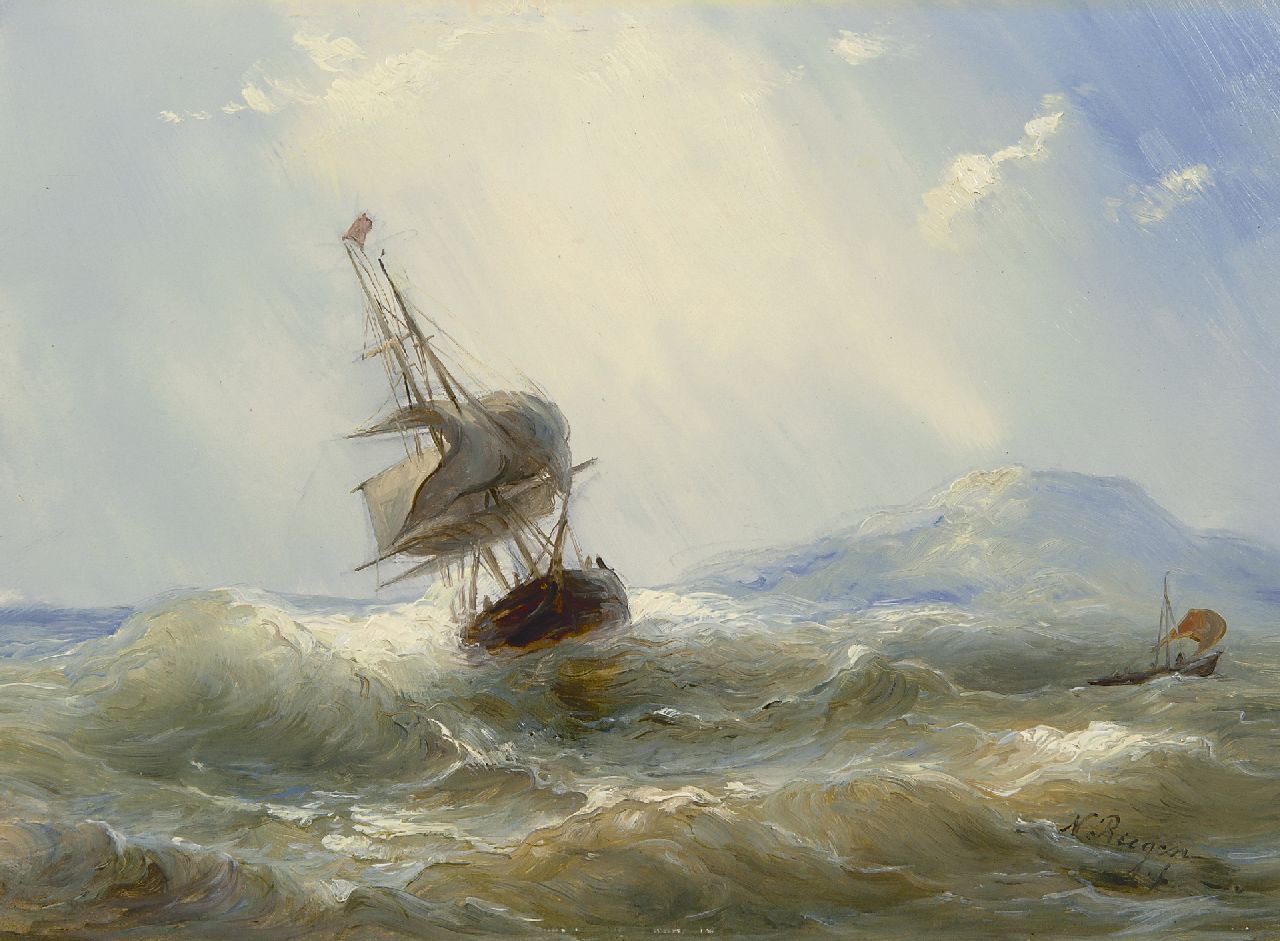 Riegen N.  | Nicolaas Riegen, A ship on a choppy sea, oil on panel 26.7 x 35.0 cm, signed l.r.