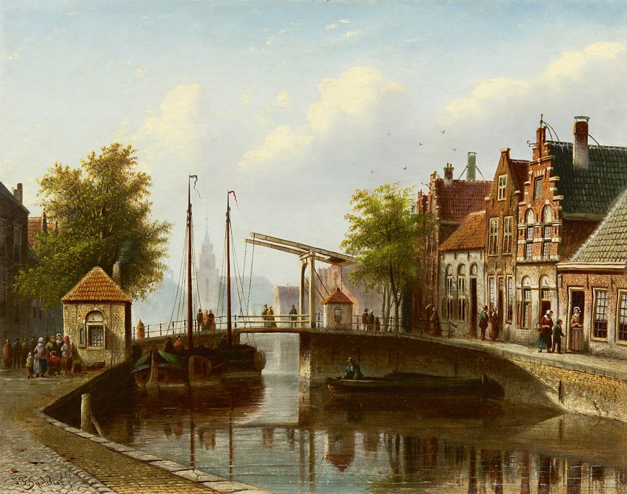 Spohler J.F.  | Johannes Franciscus Spohler, A Dutch canal with a drawbridge, oil on canvas 35.0 x 43.5 cm, signed l.l.