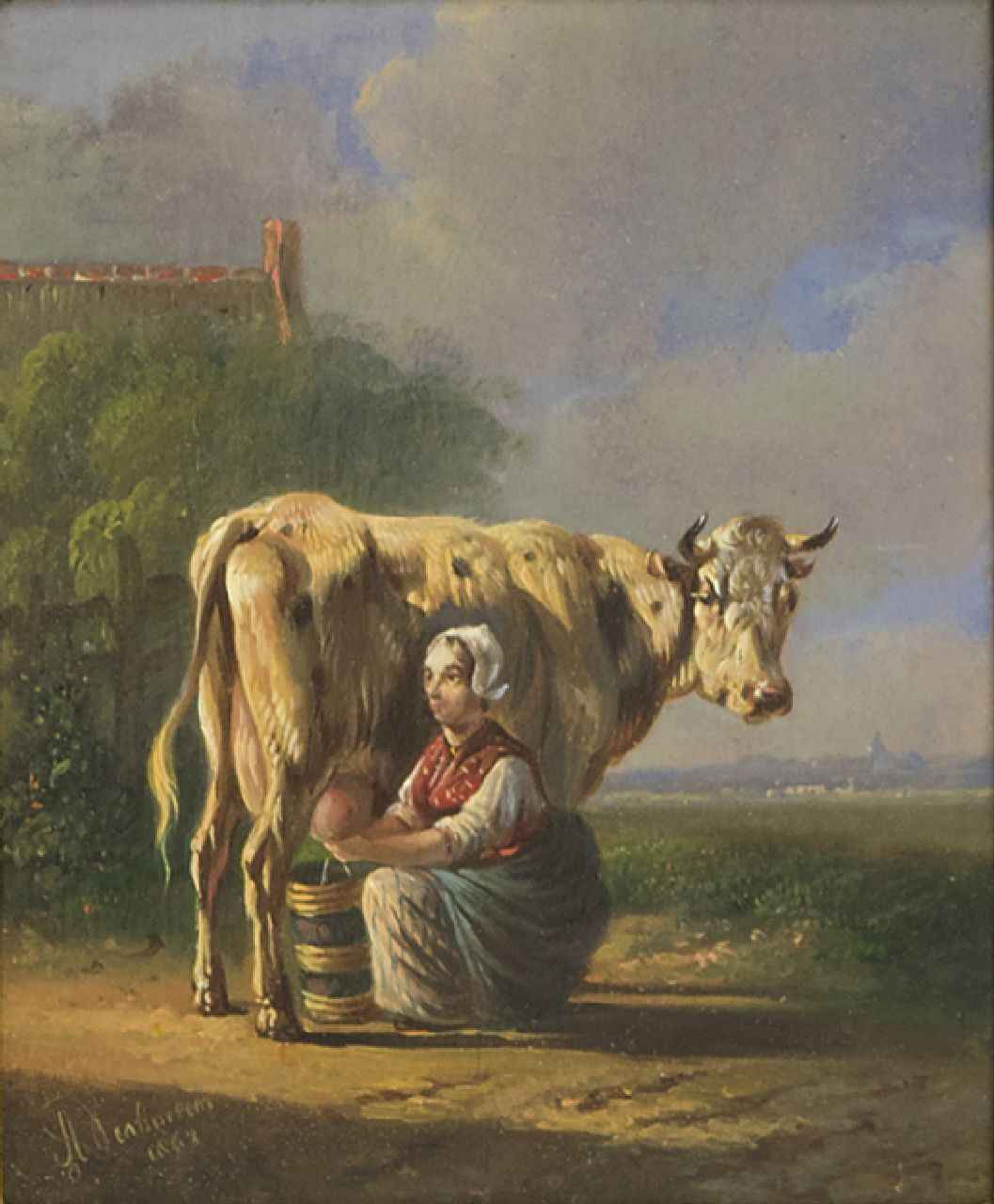 Verhoesen A.  | Albertus Verhoesen, A peasant woman milking a cow, oil on panel 12.5 x 10.4 cm, signed l.l. and dated 1863
