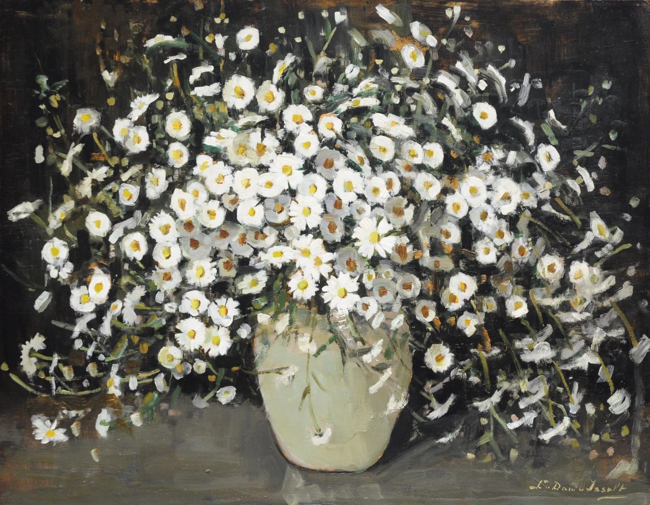Dam van Isselt L. van | Lucie van Dam van Isselt, Daisies in a white vase, oil on panel 56.1 x 71.1 cm, signed l.r.