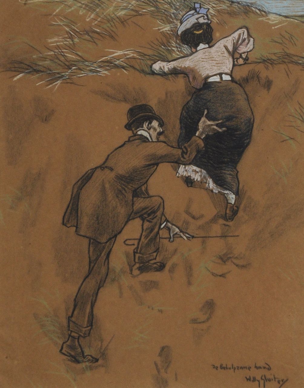 Sluiter J.W.  | Jan Willem 'Willy' Sluiter, The helping hand, chalk on coloured paper 38.7 x 31.5 cm, signed l.r. and executed ca. 1908