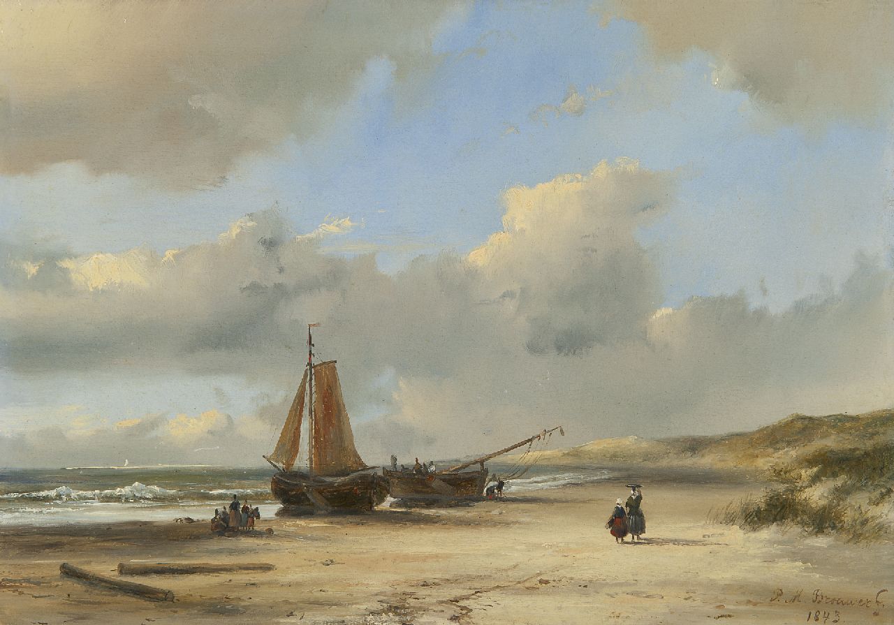 Brouwer P.M.  | Petrus Marius Brouwer, Fishing barges on the beach, oil on panel 21.2 x 30.2 cm, signed l.r. and dated 1843