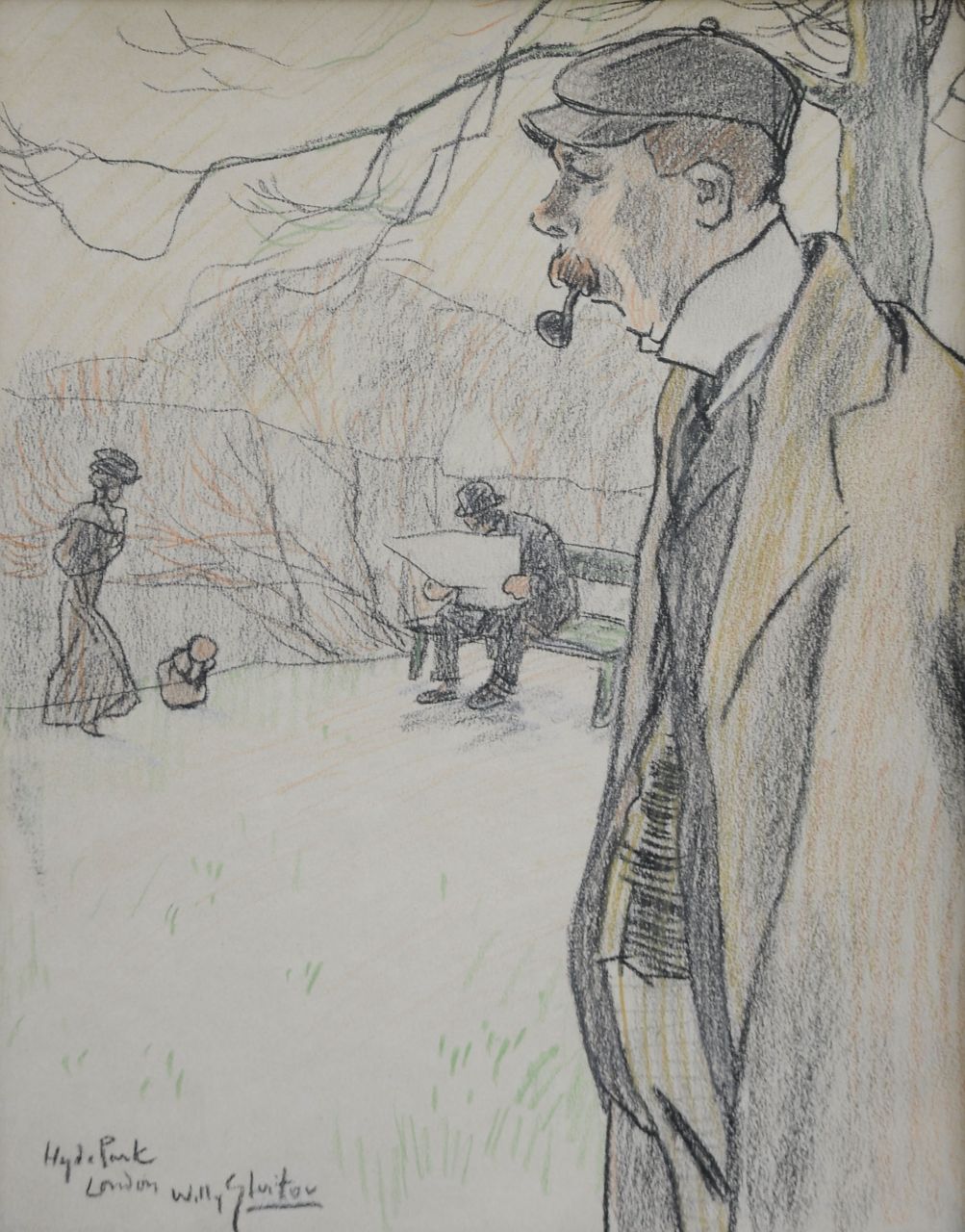 Sluiter J.W.  | Jan Willem 'Willy' Sluiter | Watercolours and drawings offered for sale | In Hyde Park, London, chalk on paper 28.8 x 22.8 cm, signed l.l.