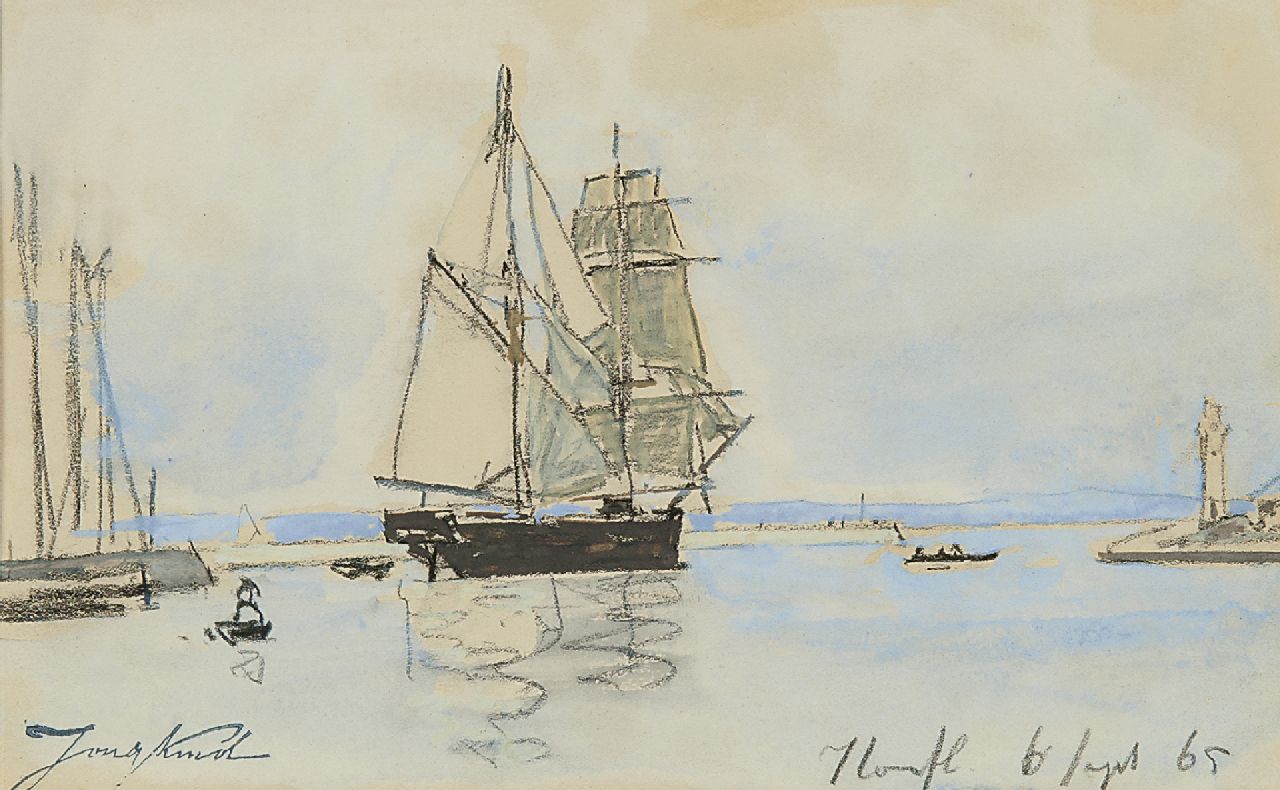 Jongkind J.B.  | Johan Barthold Jongkind, The harbour of Honfleur, chalk and gouache on paper 14.0 x 23.0 cm, signed l.l. with the artist's stamp and dated 6 Sept. 65