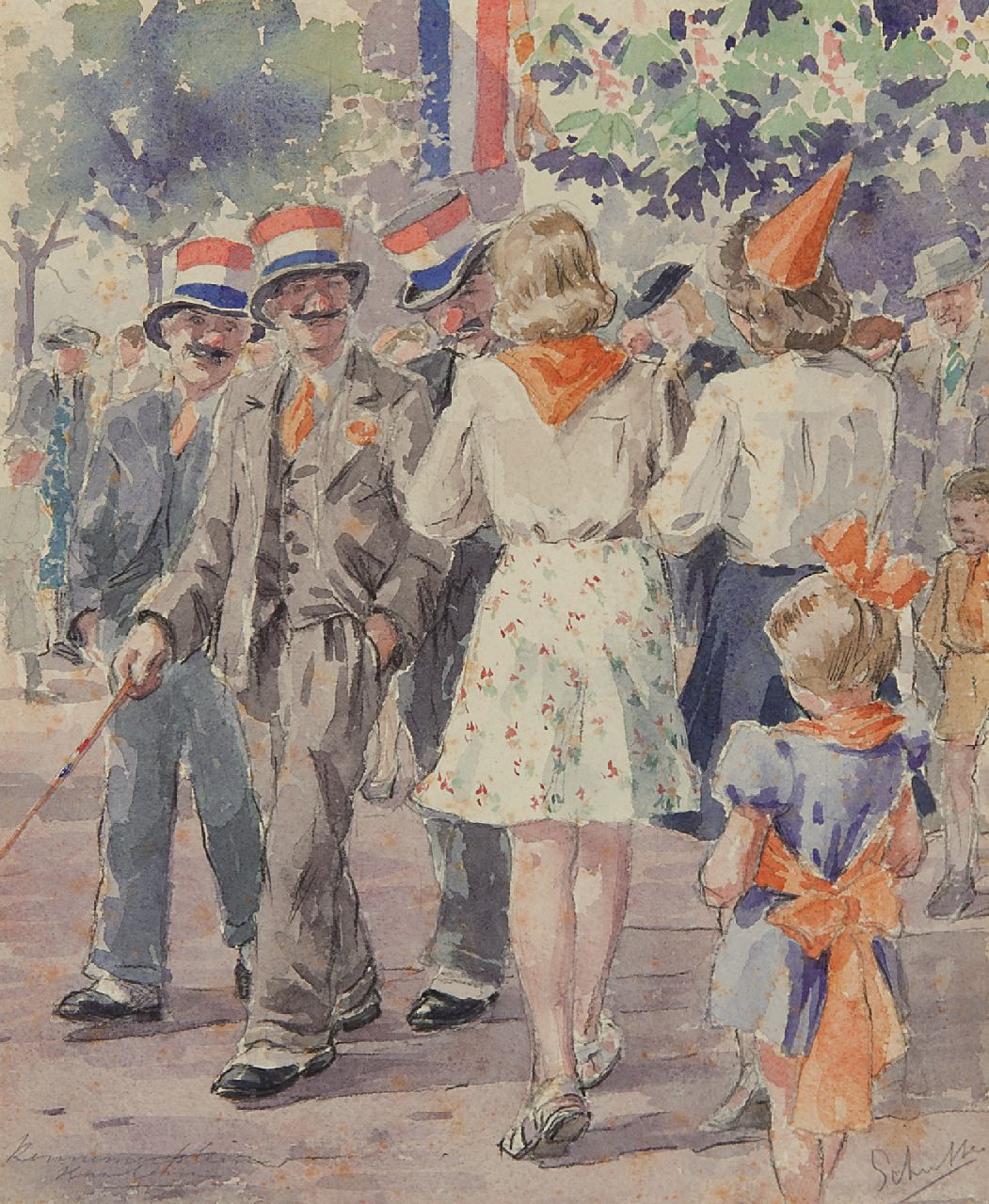 Louis Schutte | Celebrating the Queen's Birthday on the Kennemerplein in Haarlem, chalk and watercolour on paper, 25.4 x 20.9 cm, signed l.r.