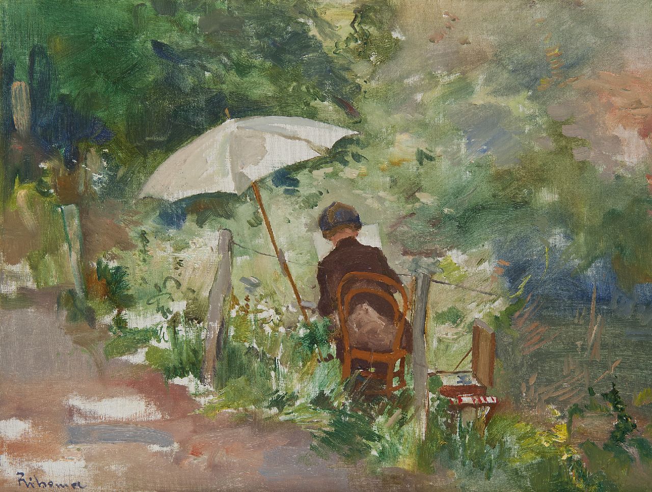 Ritsema J.C.  | 'Jacob' Coenraad Ritsema, A painter with parasol, oil on canvas 37.8 x 50.2 cm, signed l.l.