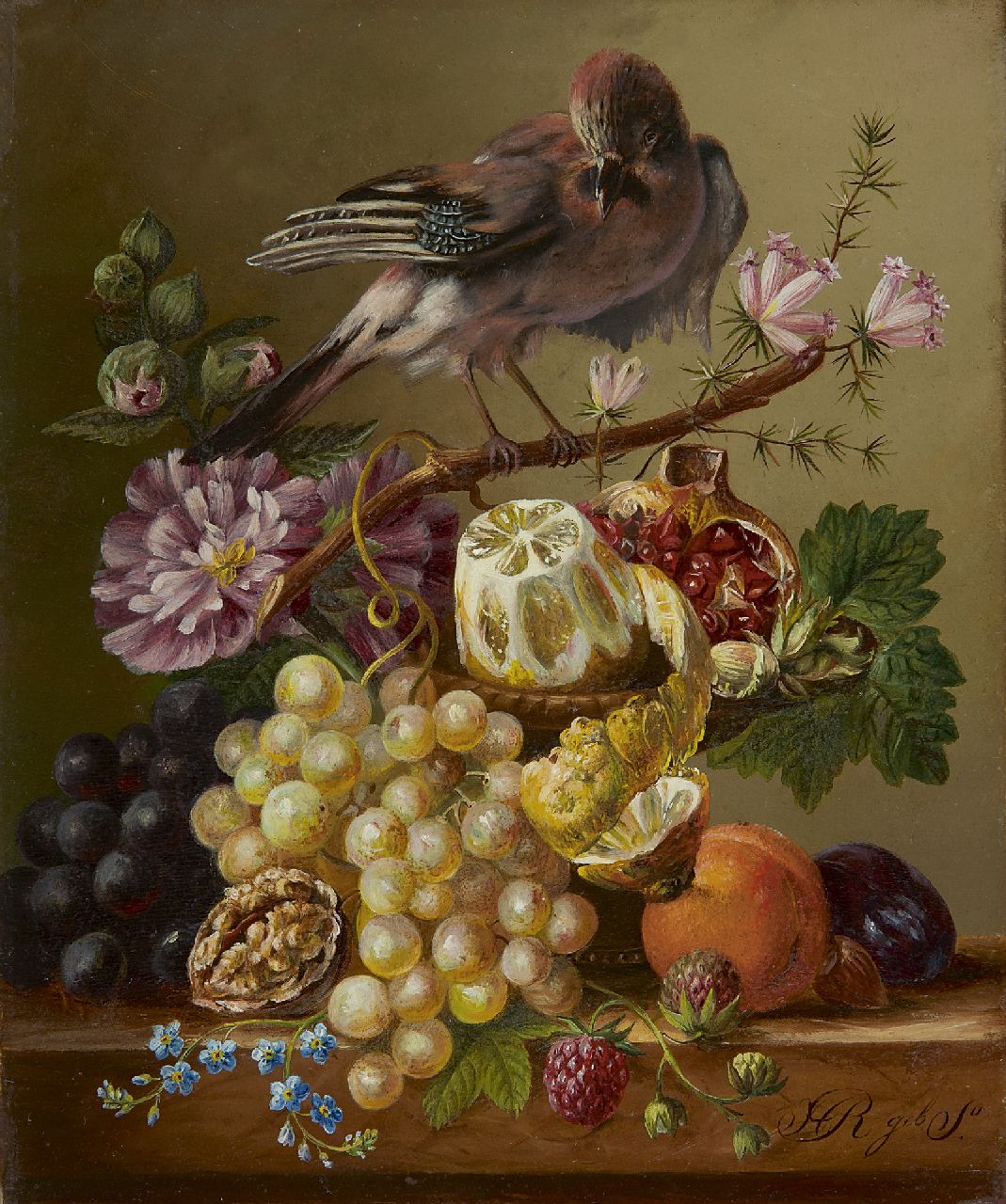 Onbekend   | Onbekend | Paintings offered for sale | A still life with fruit and a bird on a branch, oil on panel 21.5 x 18.0 cm, signed l.r.  'H R geb. S'