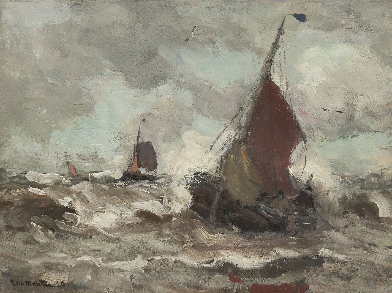 Munthe G.A.L.  | Gerhard Arij Ludwig 'Morgenstjerne' Munthe, Barges in the surf, in a storm, oil on canvas 30.6 x 40.6 cm, signed l.l. and dated '20