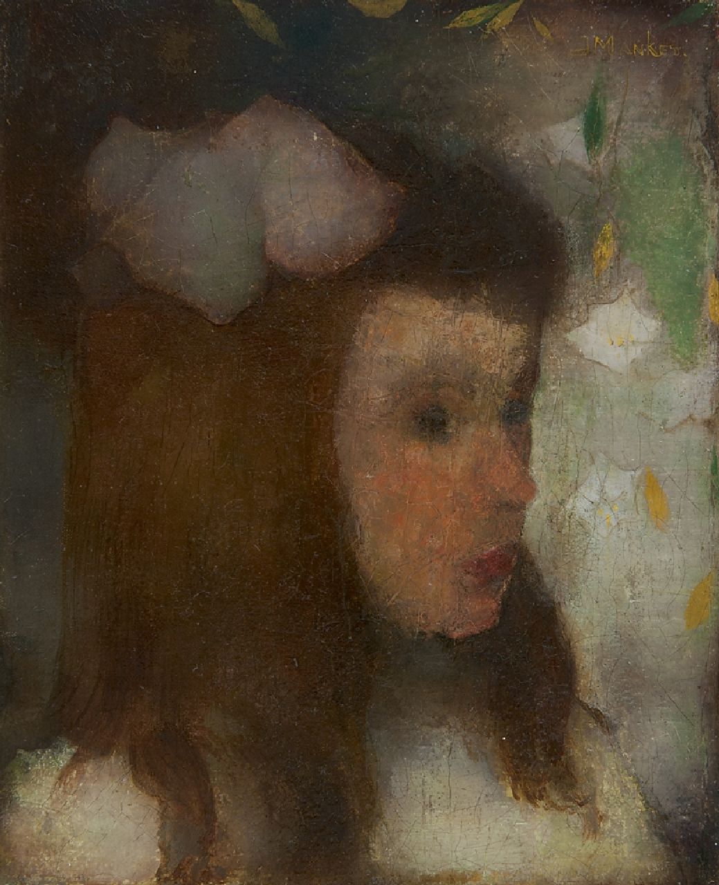 Mankes J.  | Jan Mankes, Portrait of a young girl, oil on canvas 20.0 x 16.3 cm, signed u.r. and painted ca. 1911