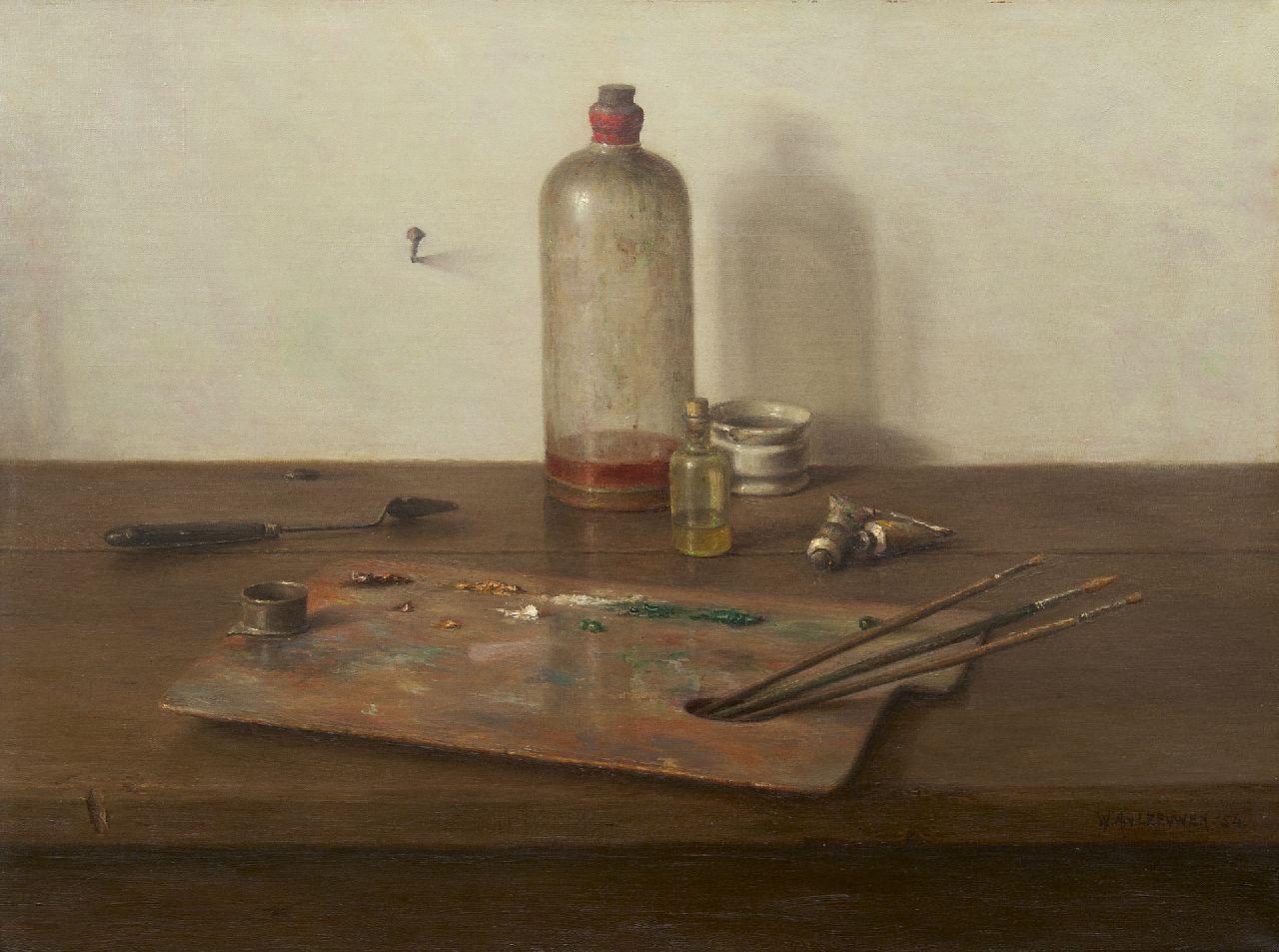 Leeuwen W.A. van | Wilhelmus Antonius 'Willem' van Leeuwen, a still life with painter's materials, oil on canvas 45.2 x 60.2 cm, signed l.r. and dated '54
