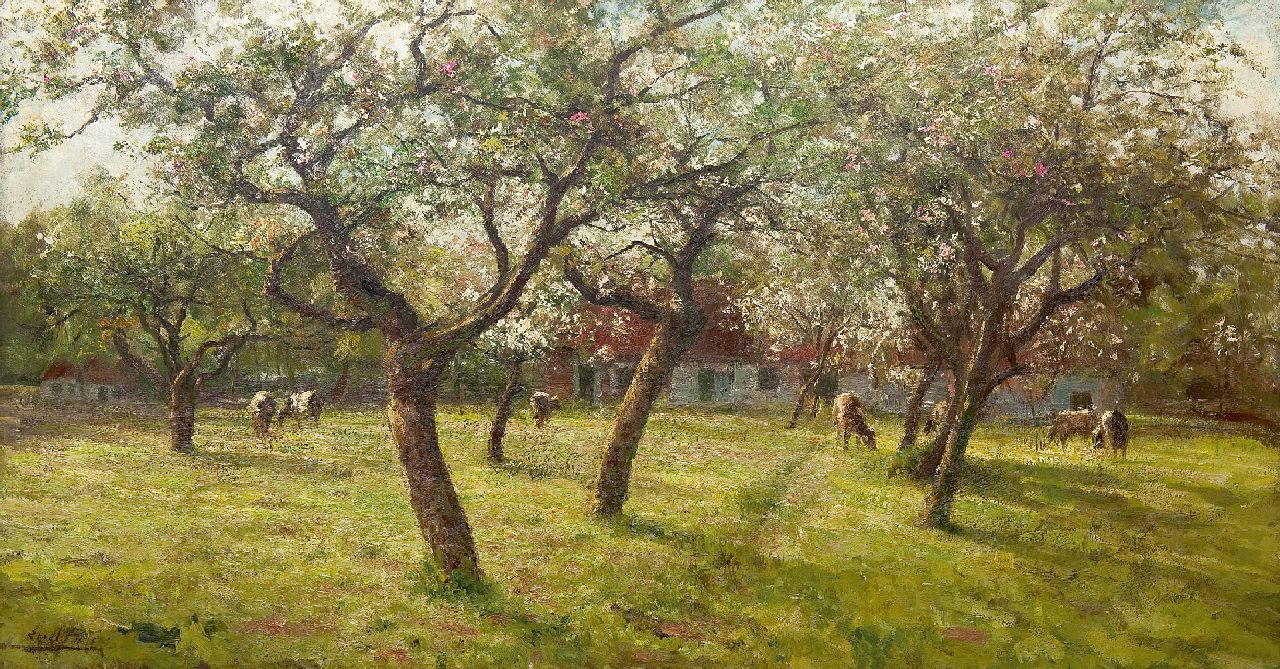 Pieters E.  | Evert Pieters, Cattle grazing by the cherry blossom, oil on canvas 80.0 x 148.6 cm, signed l.l.