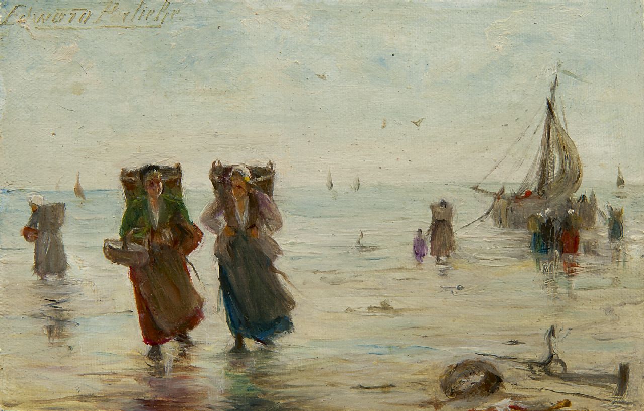 Portielje E.A.  | 'Edward' Antoon Portielje, Fisher women on the beach in Zeeland, oil on canvas 9.4 x 14.7 cm, signed u.l.