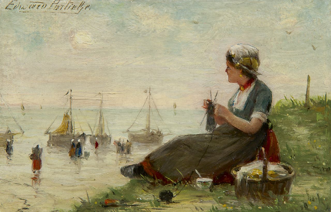 Portielje E.A.  | 'Edward' Antoon Portielje, Knitting on the coast of Zeeland, oil on canvas 9.4 x 14.8 cm, signed u.l.