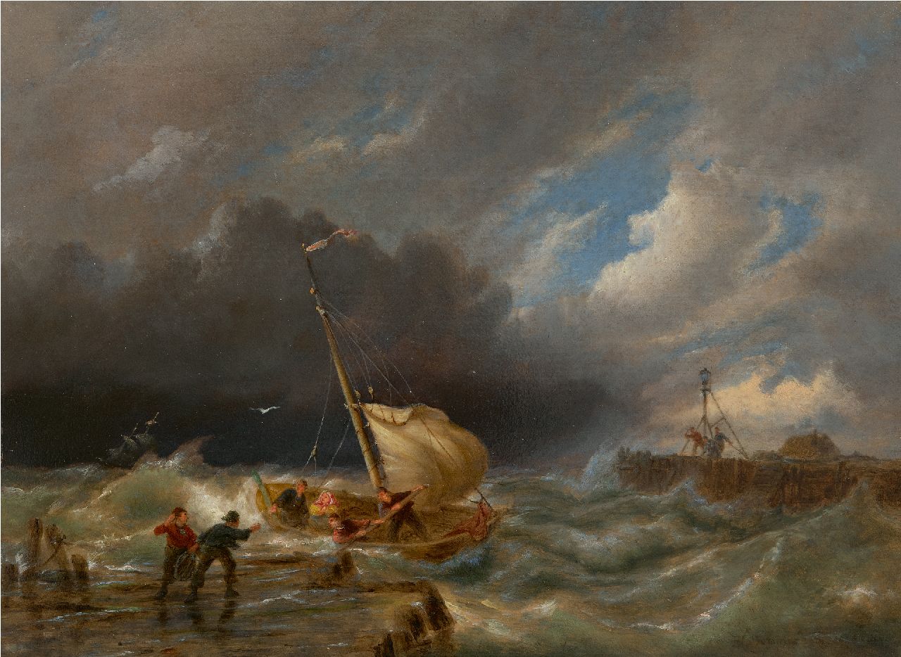 Dommershuijzen P.C.  | Pieter Cornelis Dommershuijzen | Paintings offered for sale | Sailing vessels on choppy waters near Muiderberg, oil on panel 30.2 x 40.6 cm, signed l.r. and dated 1908, without frame