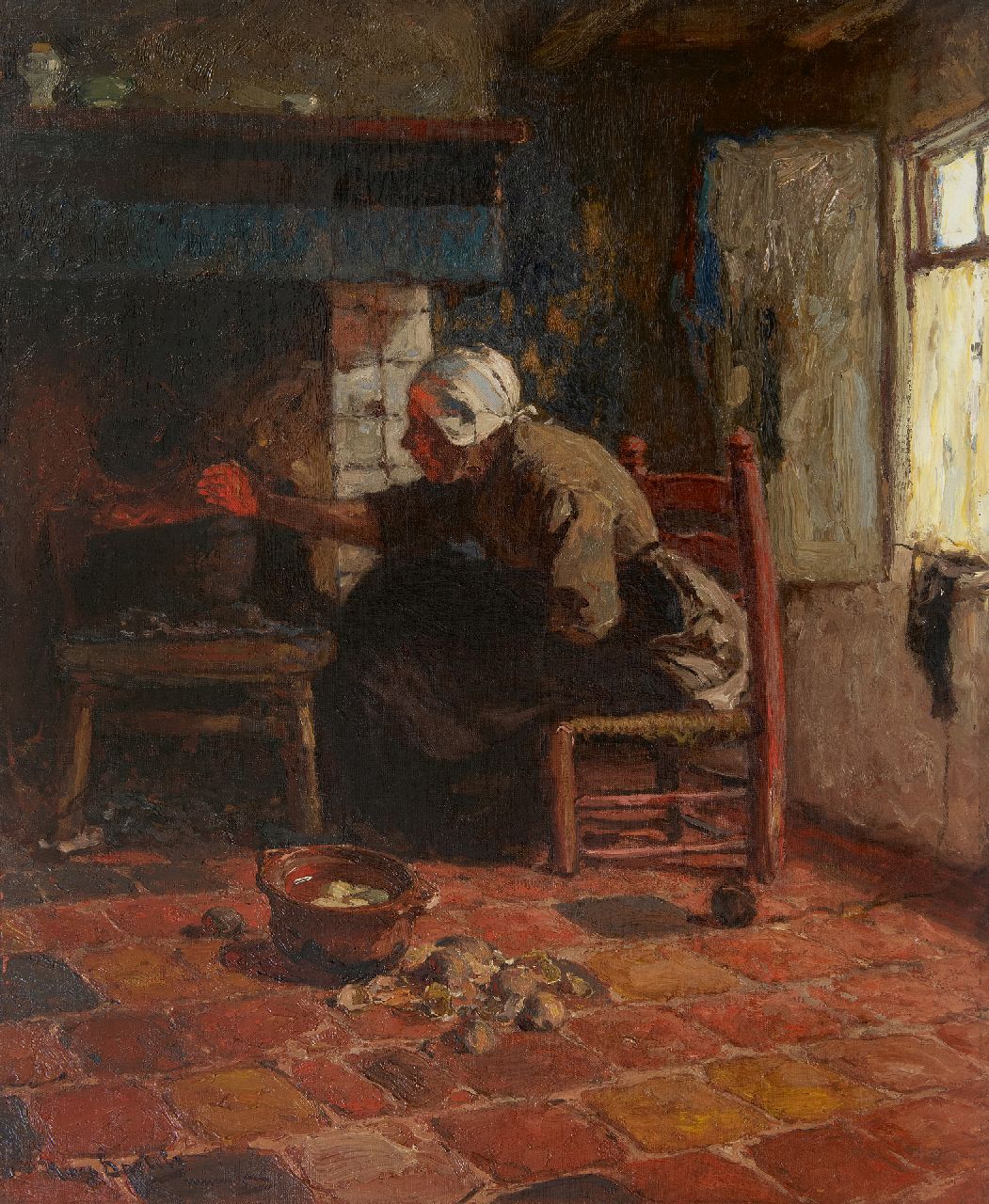 Bartels H. von | Hans von Bartels | Paintings offered for sale | A woman from Katwijk near the fireplace, oil on canvas 67.3 x 55.0 cm, signed l.l.