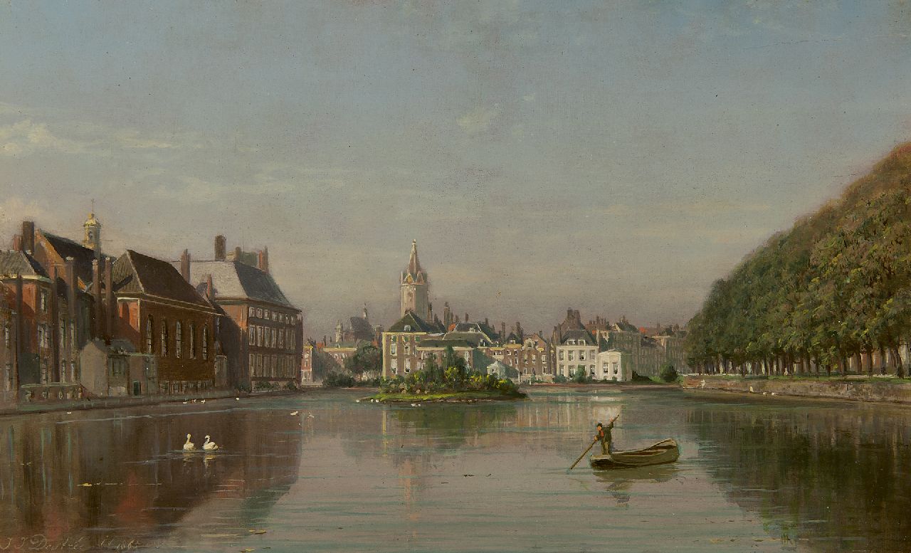 Destrée J.J.  | Johannes Josephus Destrée, View  of the Hofvijver, The Hague, oil on panel 19.7 x 31.4 cm, signed l.l. and dated 1865